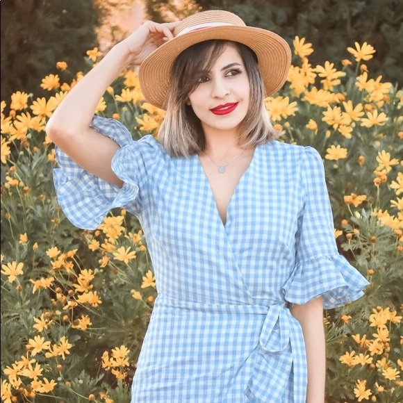 ⭐️Napa Valley Gingham Wrap Dress Powder Blue - Picture 3 of 7